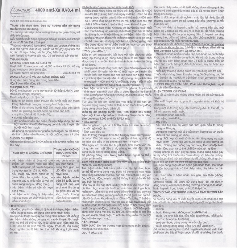 Dung dịch tiêm Lovenox 4000 anti-Xa IU/0.4 ml điều trị dự phòng bệnh thuyên tắc huyết khối tĩnh mạch (2 ống)