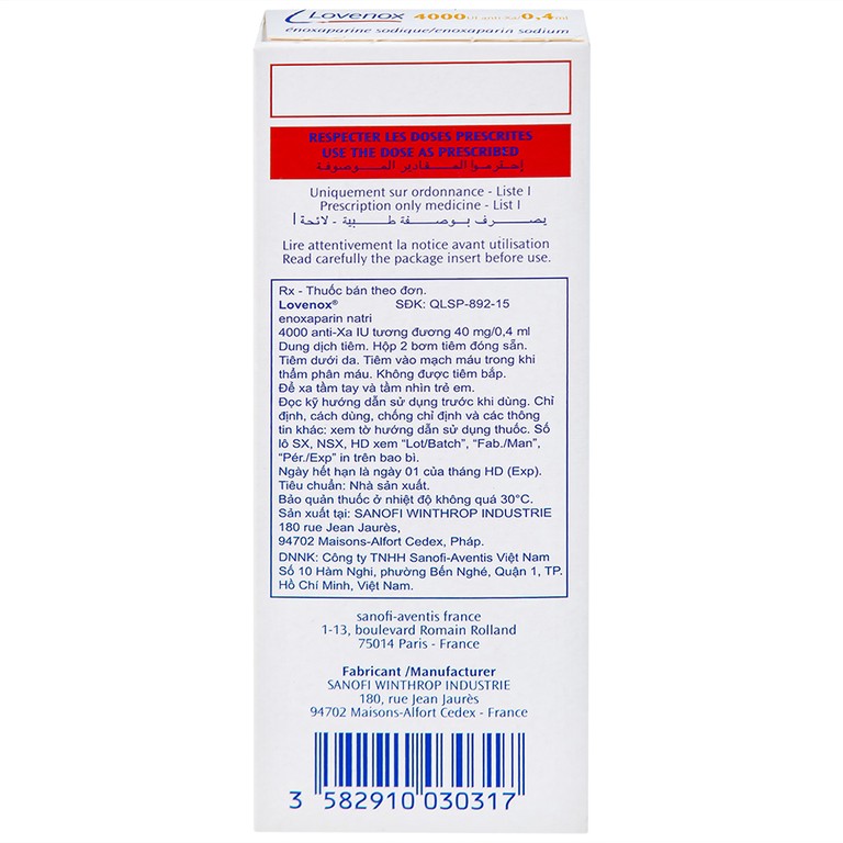 Dung dịch tiêm Lovenox 4000 anti-Xa IU/0.4 ml điều trị dự phòng bệnh thuyên tắc huyết khối tĩnh mạch (2 ống)