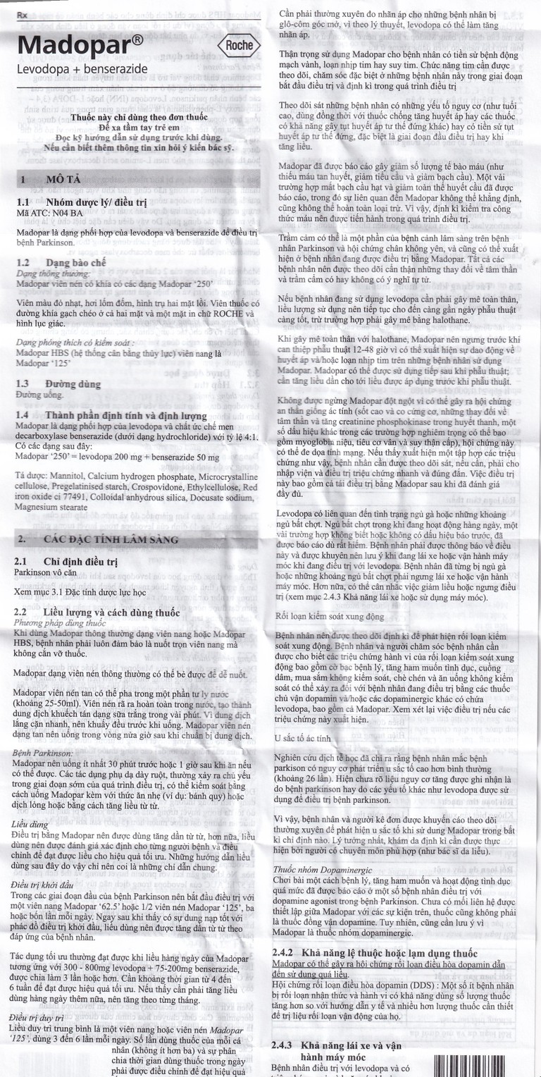 Viên nén Madopar Levodopa And Benserazide 250 Roche điều trị bệnh Parkinson vô căn (30 viên)