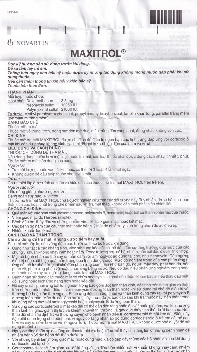 Thuốc mỡ tra mắt Maxitrol điều trị ngắn hạn các tình trạng đáp ứng với corticoid ở mắt (3,5g) 
