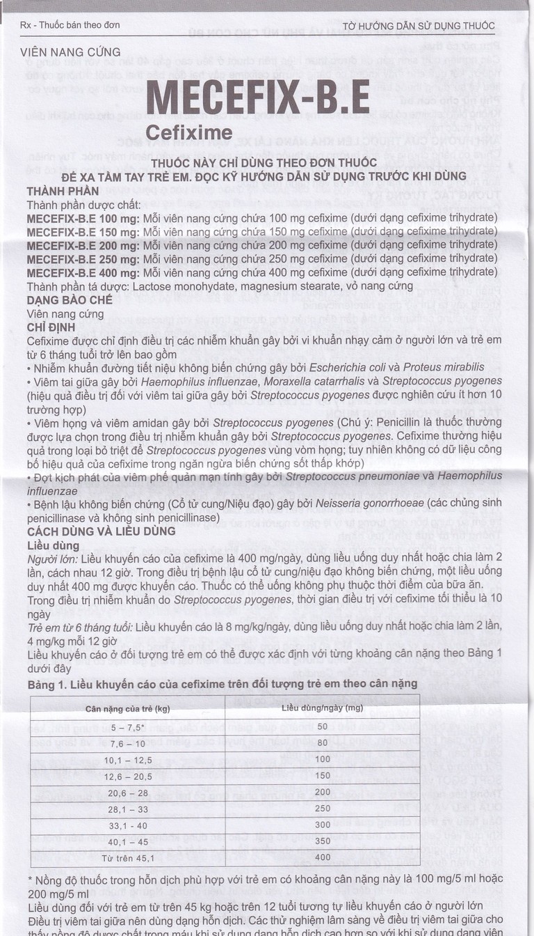 Thuốc Mecefix-B.E 200mg Merap điều trị nhiễm khuẩn đường tiết niệu, viêm tai giữa (2 vỉ x 10 viên)