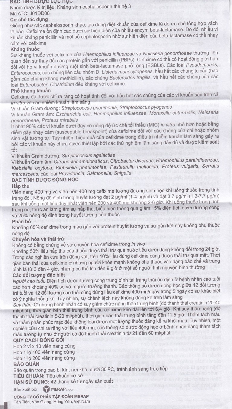 Thuốc Mecefix-B.E 200mg Merap điều trị nhiễm khuẩn đường tiết niệu, viêm tai giữa (2 vỉ x 10 viên)