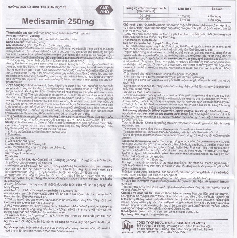 Thuốc Medisamin 250mg Mediplantex điều trị tình trạng chảy máu (10 vỉ x 10 viên) 