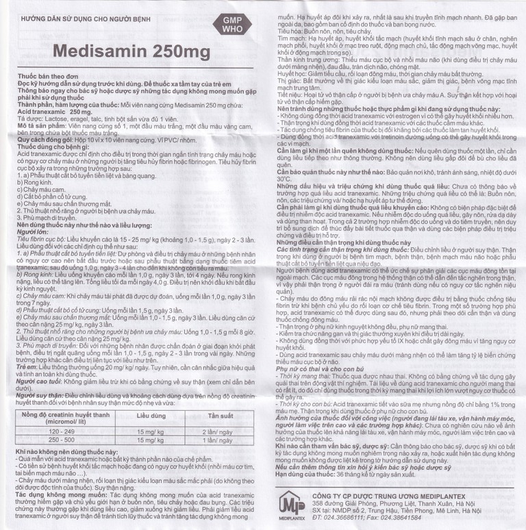 Thuốc Medisamin 250mg Mediplantex điều trị tình trạng chảy máu (10 vỉ x 10 viên) 