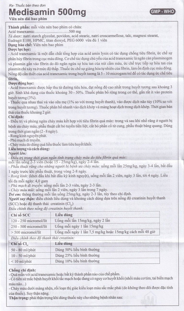 Thuốc Medisamin 500mg Mediplantex điều trị chảy máu ở bệnh ưa chảy máu, rong kinh (10 vỉ x 10 viên) 