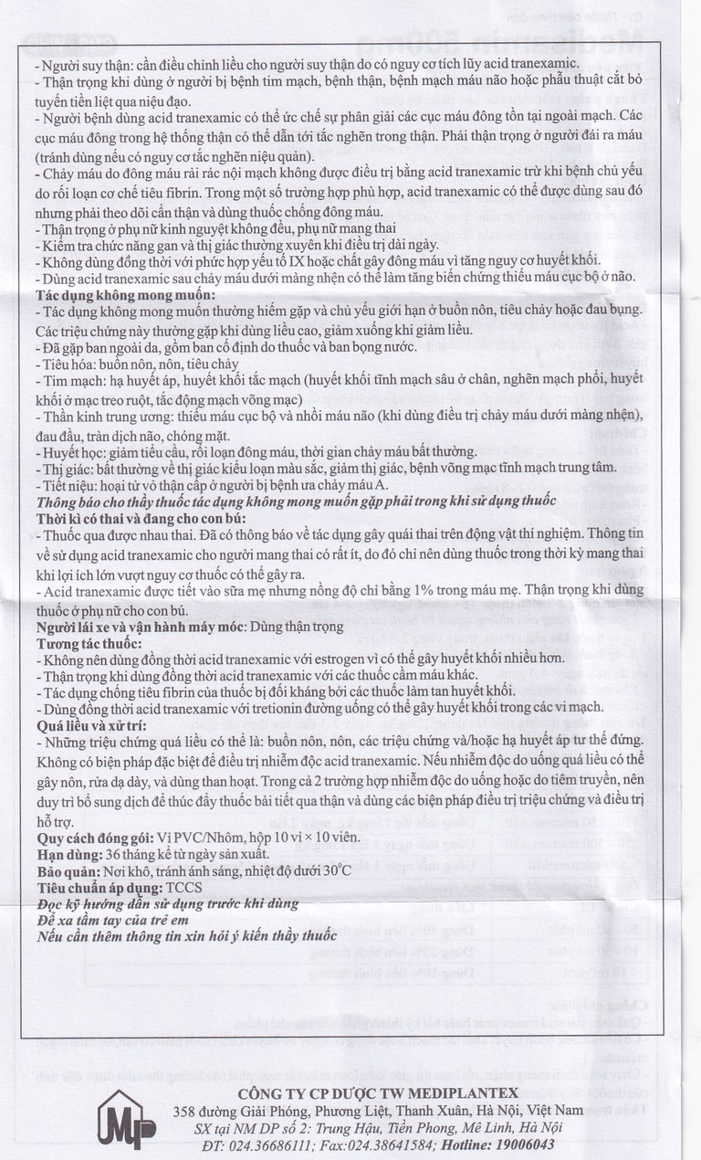 Thuốc Medisamin 500mg Mediplantex điều trị chảy máu ở bệnh ưa chảy máu, rong kinh (10 vỉ x 10 viên) 