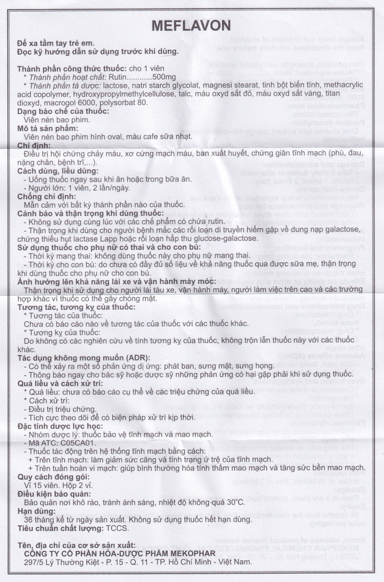 Viên nén Meflavon 500mg Mekophar điều trị hội chứng chảy máu, xơ cứng mạch máu (2 vỉ x 15 viên)