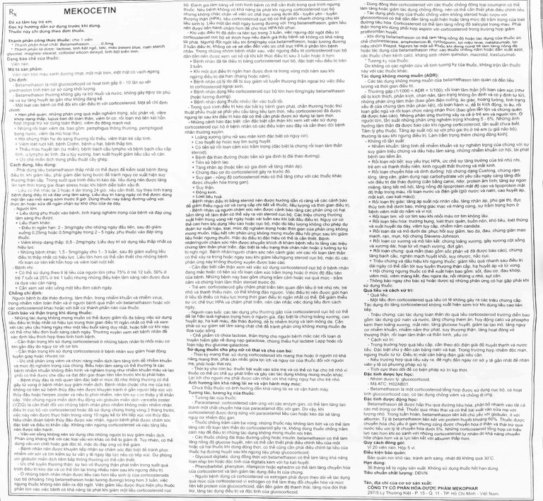 Thuốc Mekocetin 0.5mg Mekophar điều trị thấp khớp, bệnh collagen, bệnh ngoài da, dị ứng (5 vỉ x 20 viên) 