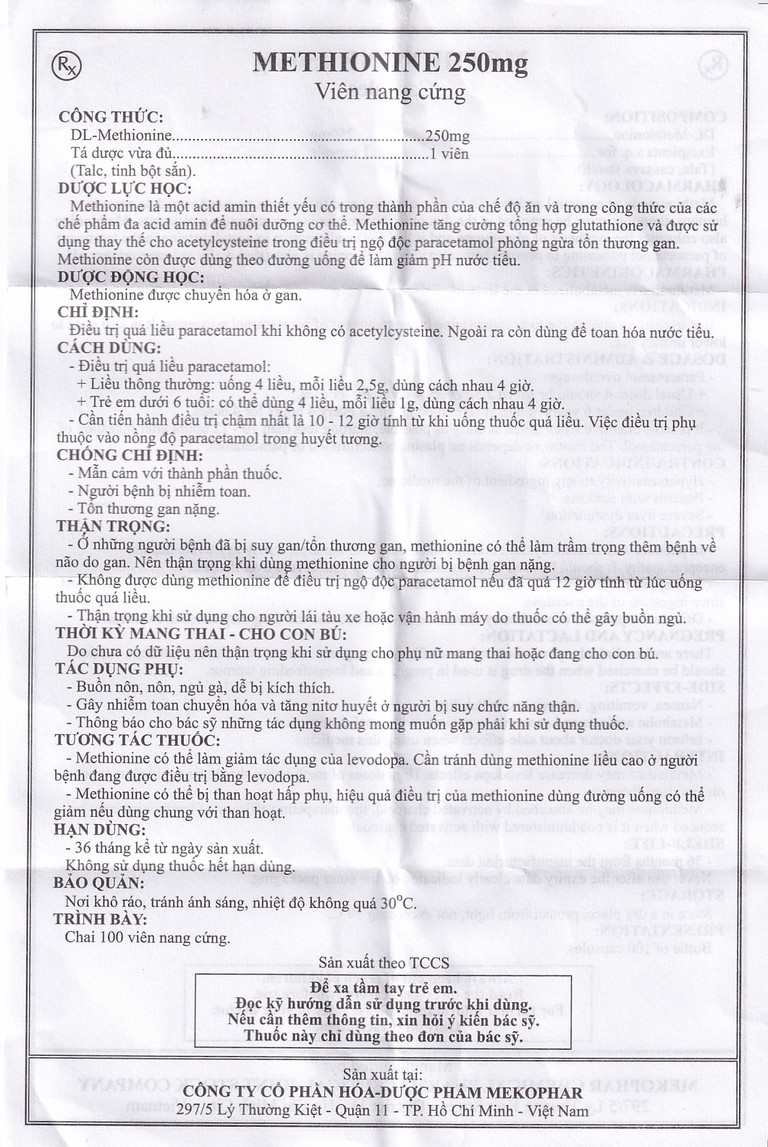 Viên nang cứng Methionine 250mg Mekophar điều trị quá liều paracetamol (100 viên)