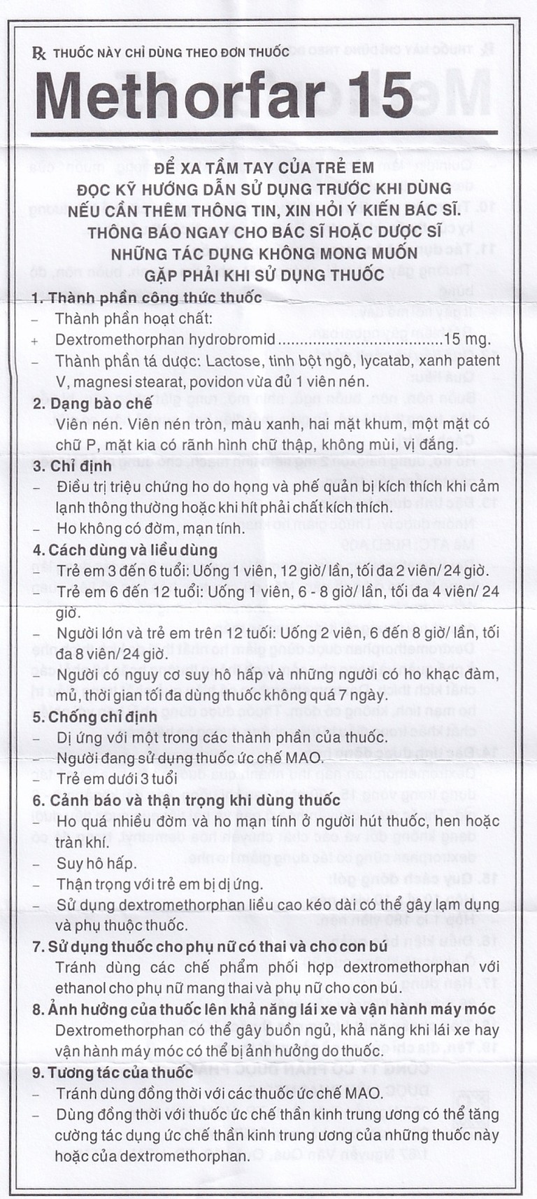 Thuốc trị ho Methorfar 15 Pharmedic dùng cho cảm lạnh, ho không đờm (10 vỉ x 10 viên)