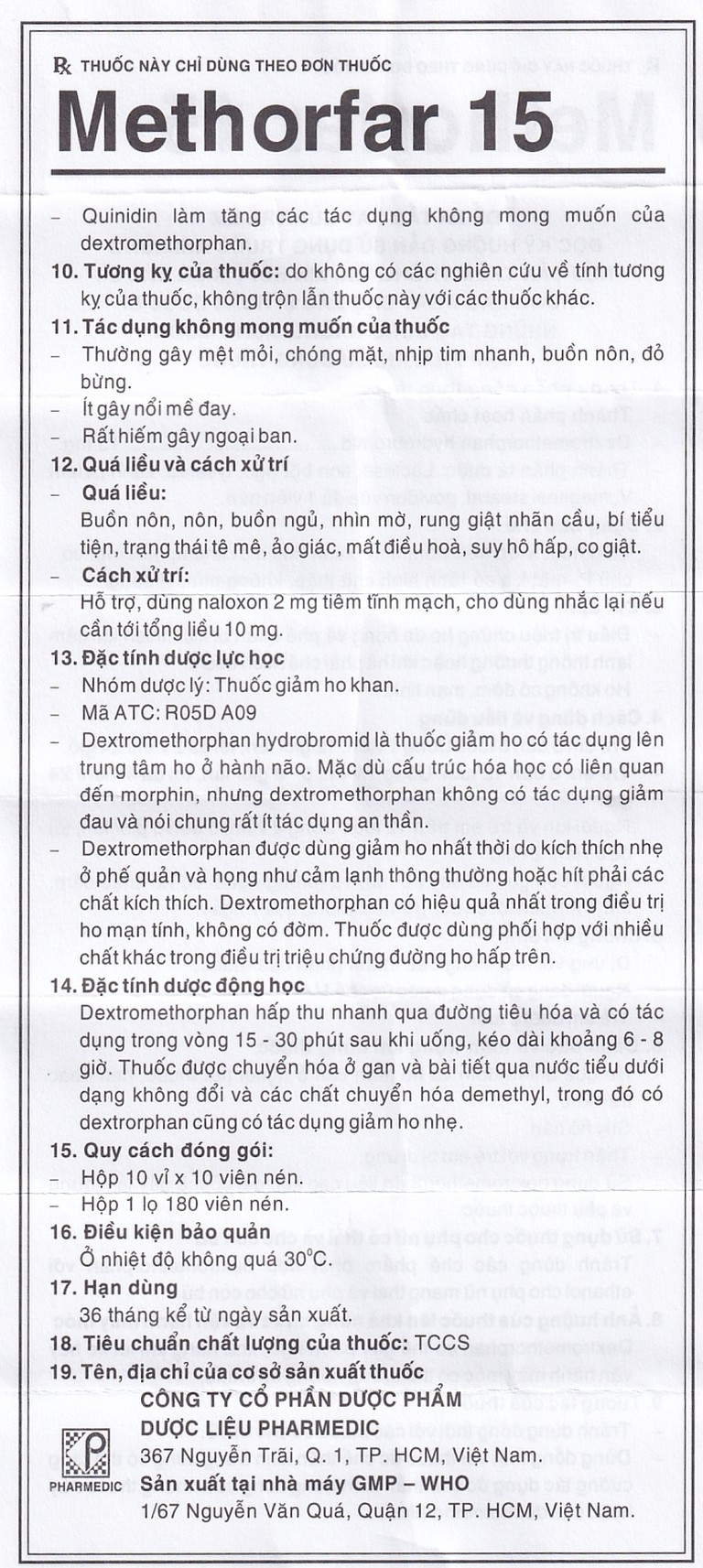 Thuốc trị ho Methorfar 15 Pharmedic dùng cho cảm lạnh, ho không đờm (10 vỉ x 10 viên)
