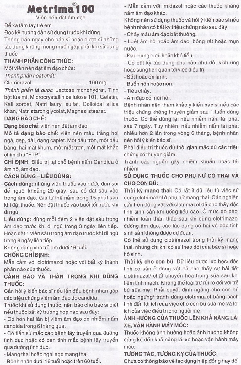 Viên đặt âm đạo Metrima 100 Dược 3-2 điều trị nấm candida (1 vỉ x 6 viên)
