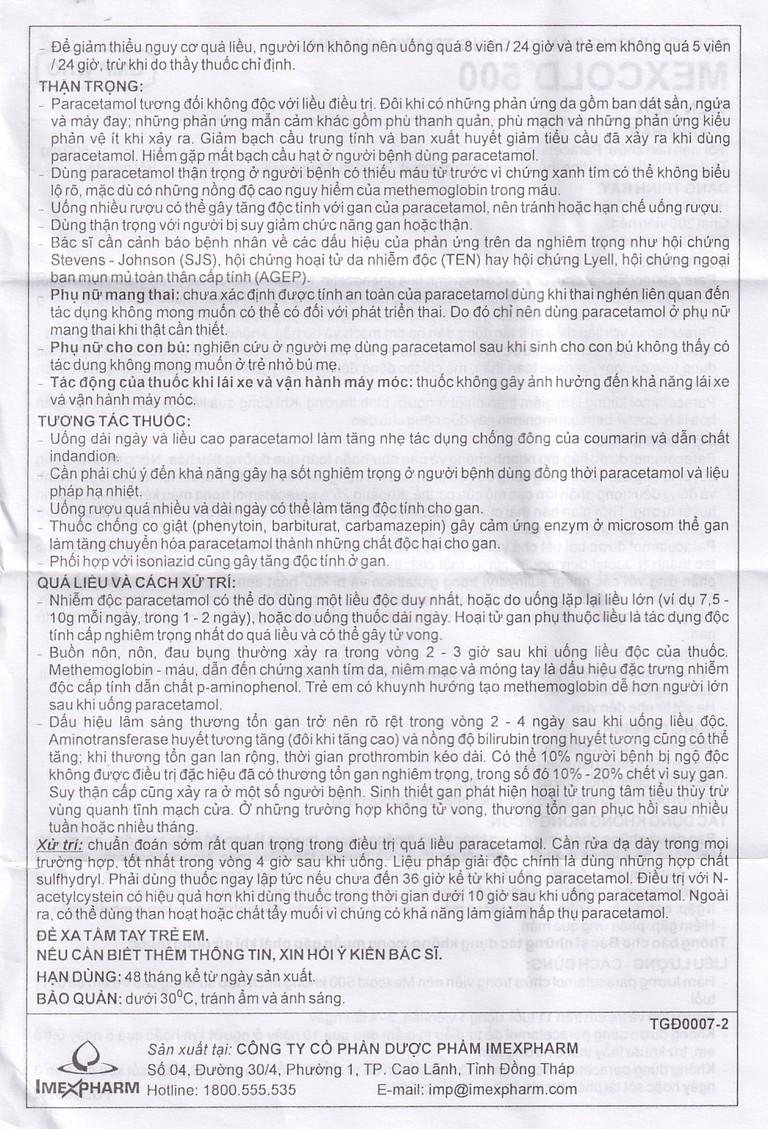 Viên nén Mexcold 500 Imexpharm điều trị đau đầu, đau răng, đau nhức bắp thịt (10 vỉ x 10 viên)