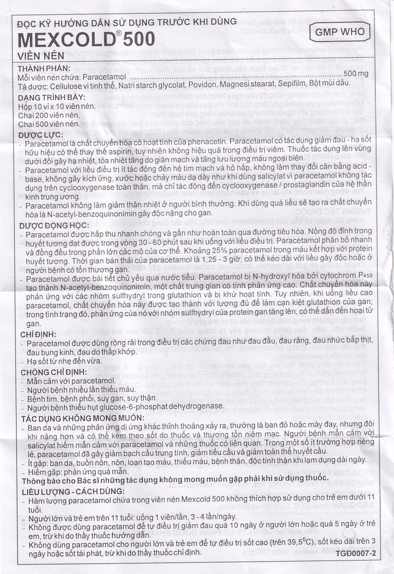 Viên nén Mexcold 500 Imexpharm điều trị đau đầu, đau răng, đau nhức bắp thịt (10 vỉ x 10 viên)