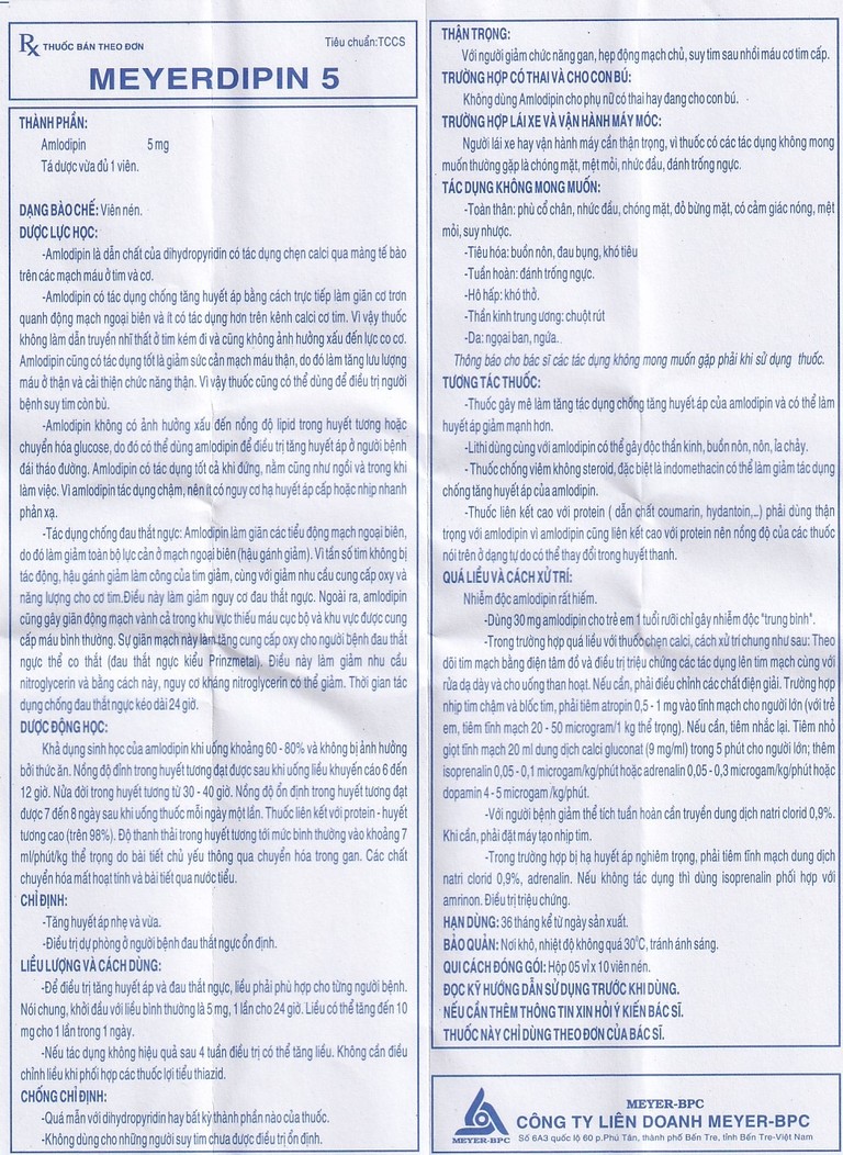 Viên nén Meyerdipin 5 Meyer - BPC điều trị tăng huyết áp nhẹ và vừa, đau thắt ngực ổn định (5 vỉ x 10 viên) 