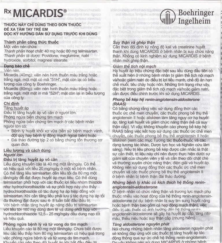 Viên nén Micardis 40mg Boehringer điều trị tăng huyết áp vô căn (3 vỉ x 10 viên)