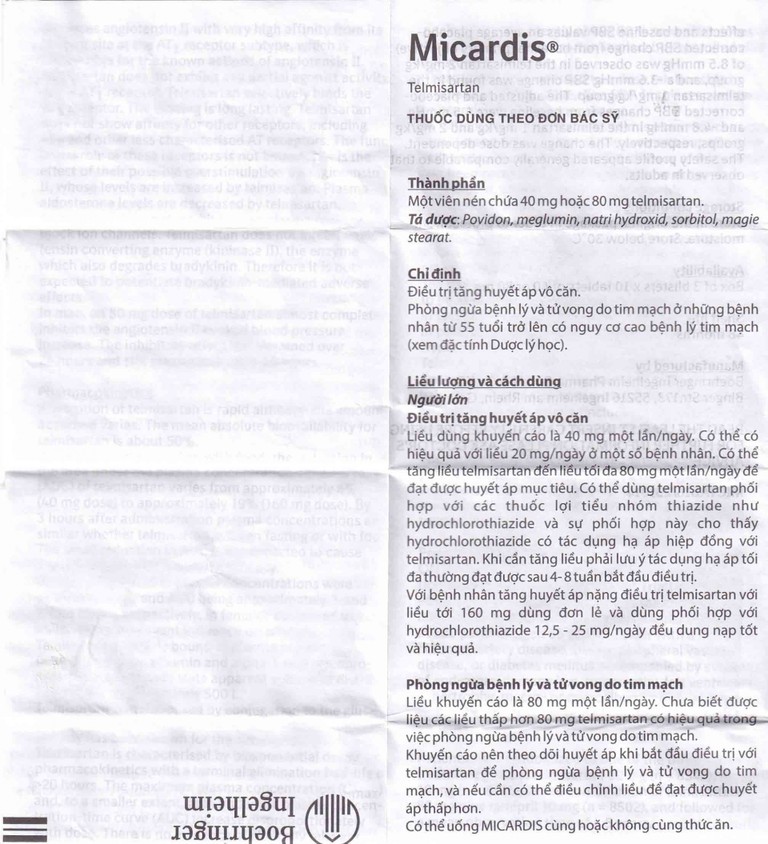 Viên nén Micardis 80mg Boehringer điều trị tăng huyết áp vô căn (3 vỉ x 10 viên)