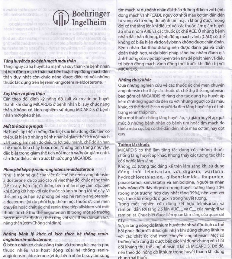 Viên nén Micardis 80mg Boehringer điều trị tăng huyết áp vô căn (3 vỉ x 10 viên)