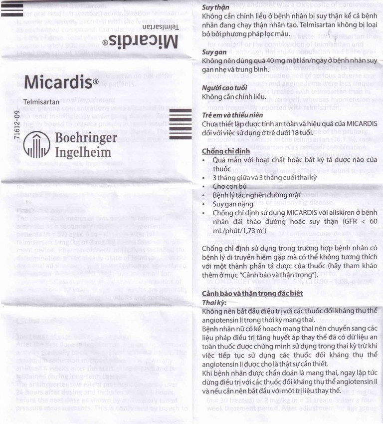 Viên nén Micardis 80mg Boehringer điều trị tăng huyết áp vô căn (3 vỉ x 10 viên)
