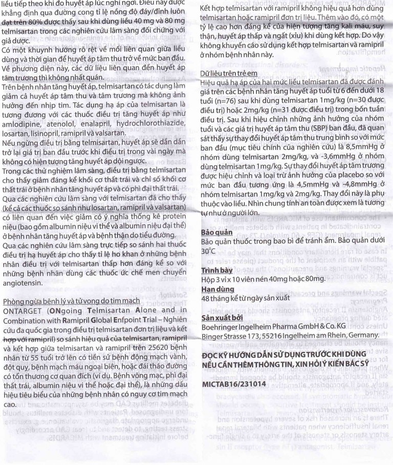 Viên nén Micardis 80mg Boehringer điều trị tăng huyết áp vô căn (3 vỉ x 10 viên)