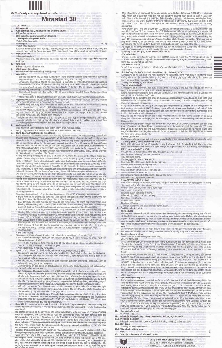 Viên nén Mirastad 30 Stella điều trị trầm cảm, duy trì cân bằng tinh thần (2 vỉ x 14 viên)