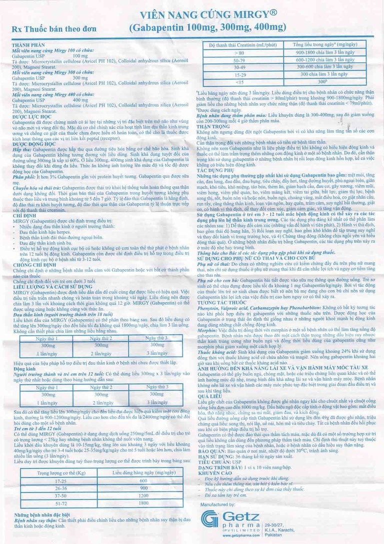Viên nang cứng Mirgy 300mg Getz điều trị đau thần kinh, động kinh (1 vỉ x 10 viên)