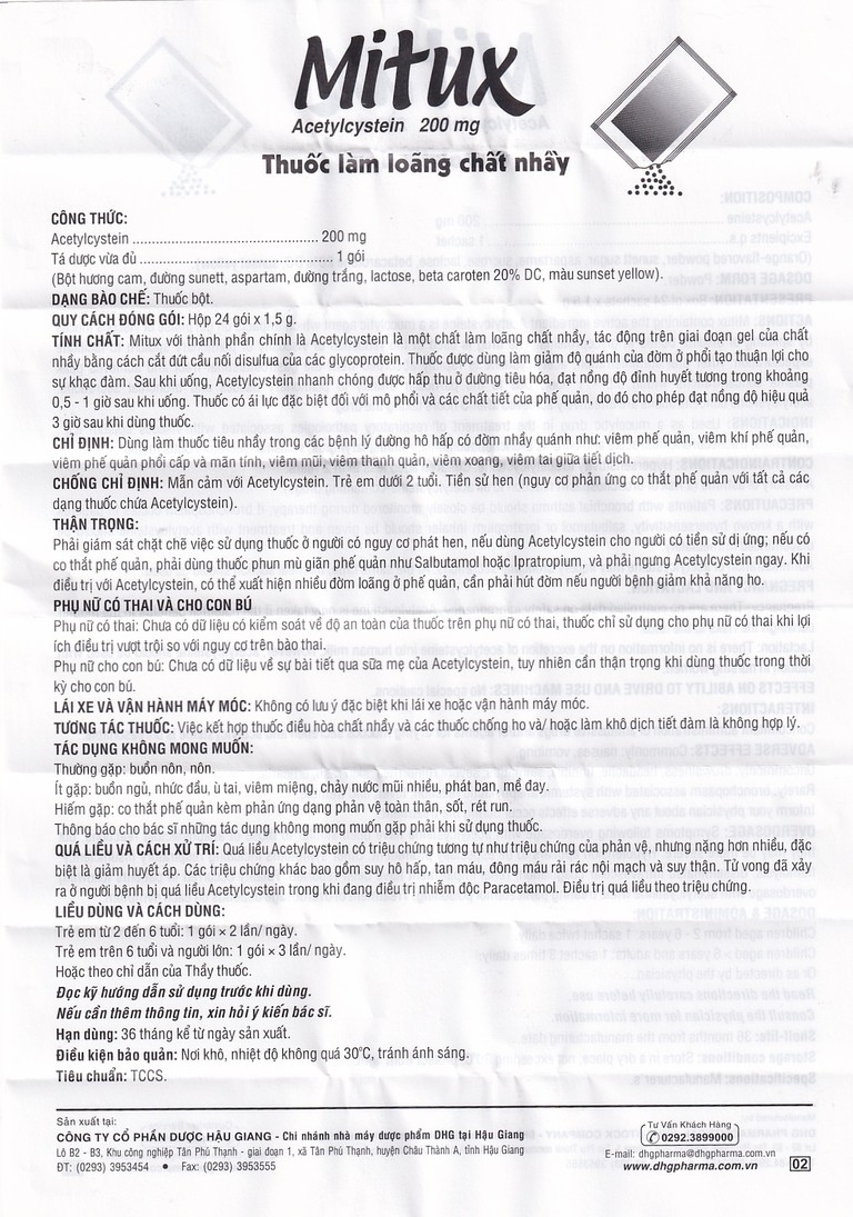 Thuốc bột uống Mitux 200mg DHG Pharma làm loãng chất nhầy đường hô hấp (24 gói x 1,5g)    	