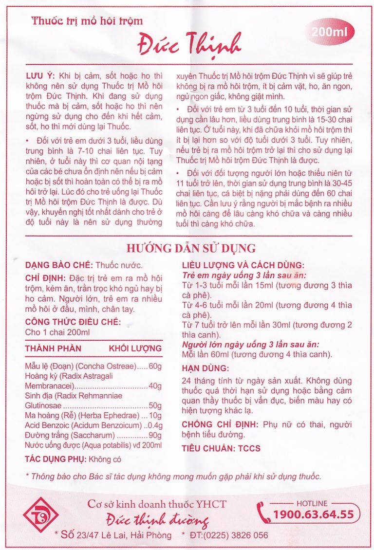 Thuốc trị mồ hôi trộm Đức Thịnh đặc trị ra mồ hôi trộm, kém ăn, khó ngủ (125ml)