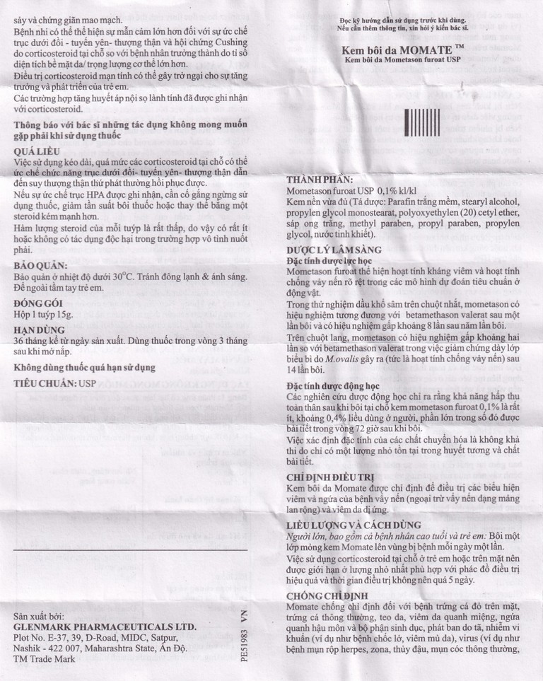 Kem bôi da Momate Glenmark điều trị viêm và ngứa bệnh vẩy nến (15g) 