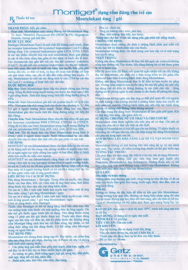 Thuốc cốm Montiget 4mg Getz điều trị hen suyễn ở trẻ em (14 gói)