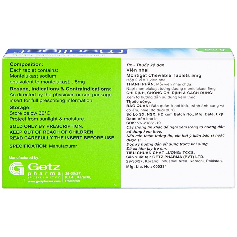 Thuốc Montiget 5mg Getz phòng và điều trị hen phế quản mãn tính (2 vỉ x 7 viên)