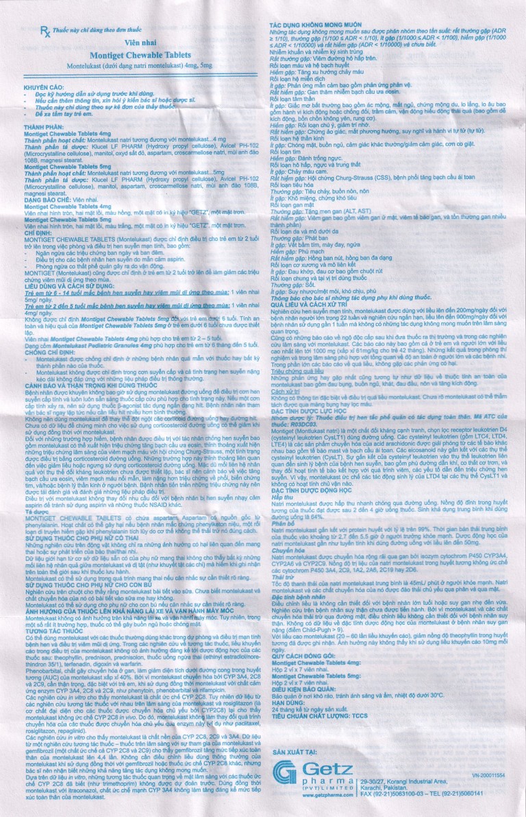 Thuốc Montiget 5mg Getz phòng và điều trị hen phế quản mãn tính (2 vỉ x 7 viên)