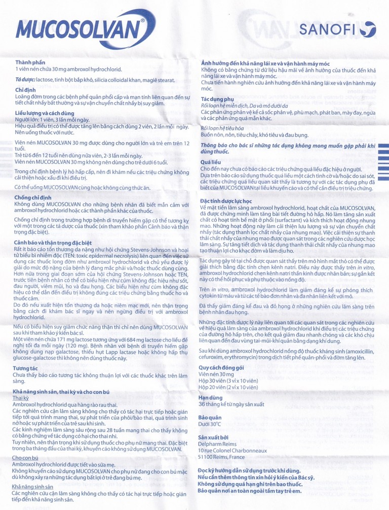Viên nén Mucosolvan 30mg Sanofi làm loãng đờm trong viêm phế quản (2 vỉ x 10 viên)