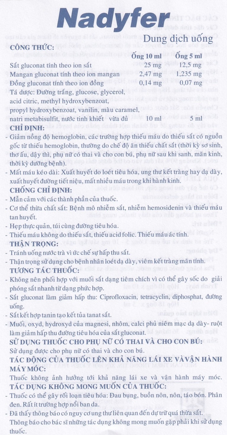 Dung dịch uống Nadyfer Nadyphar điều trị giảm nồng độ hemoglobin, mất máu kéo dài (2 vỉ x 10 ống)