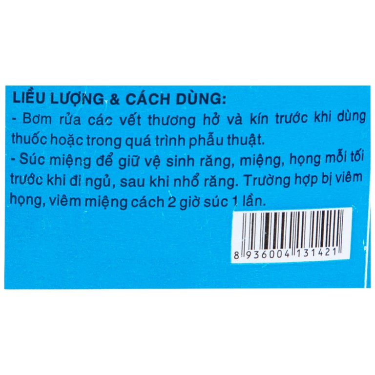 Dung dịch vô trùng Natri Clorid 0.9% Dược 3-2 rửa vết thương hở và kín, súc miệng (1000ml)