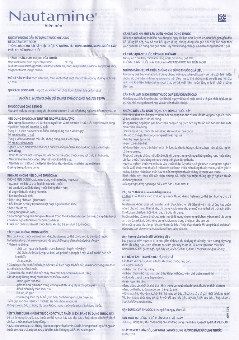 Viên nén Nautamine Sanofi phòng ngừa và điều trị say tàu xe (20 vỉ x 4 viên)