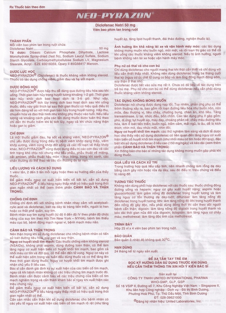 Thuốc Neo-Pyrazon 50mg United giảm đau, hạ sốt và kháng viêm (25 vỉ x 4 viên)