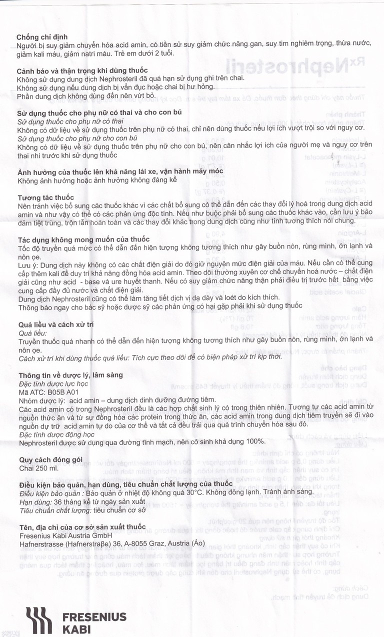 Dịch truyền Nephrosteril Fresenius Kabi điều trị suy thận cấp và mãn tính (250ml)