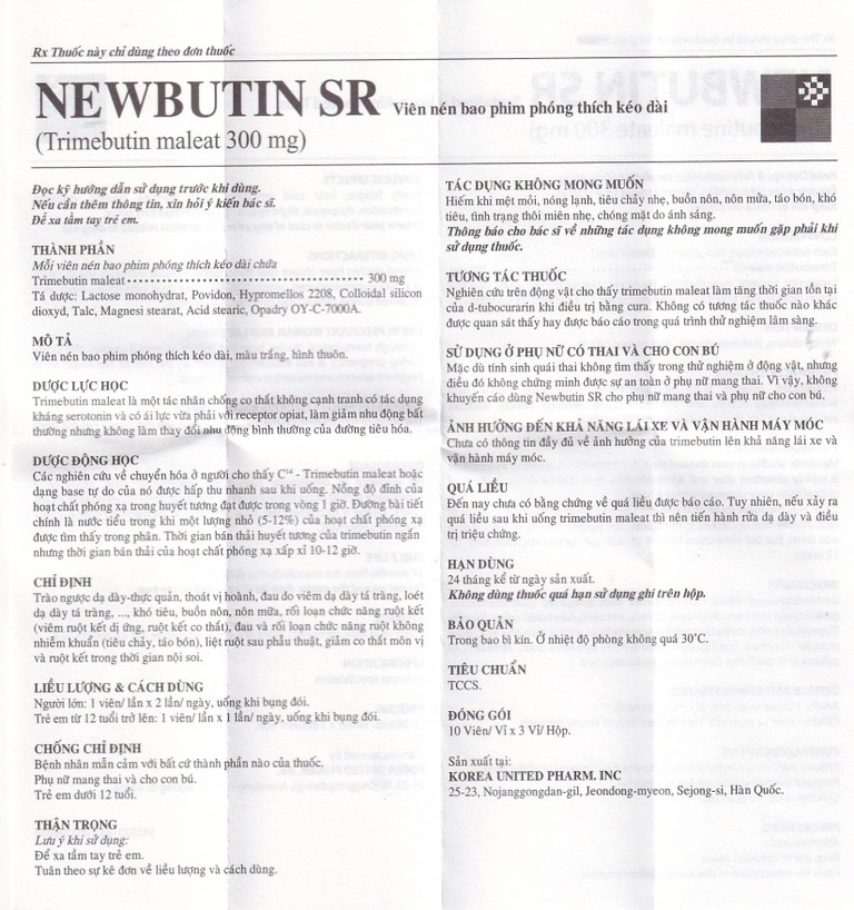 Viên nén Newbutin SR 300mg Korea United điều trị trào ngược dạ dày - thực quản (3 vỉ x 10 viên)