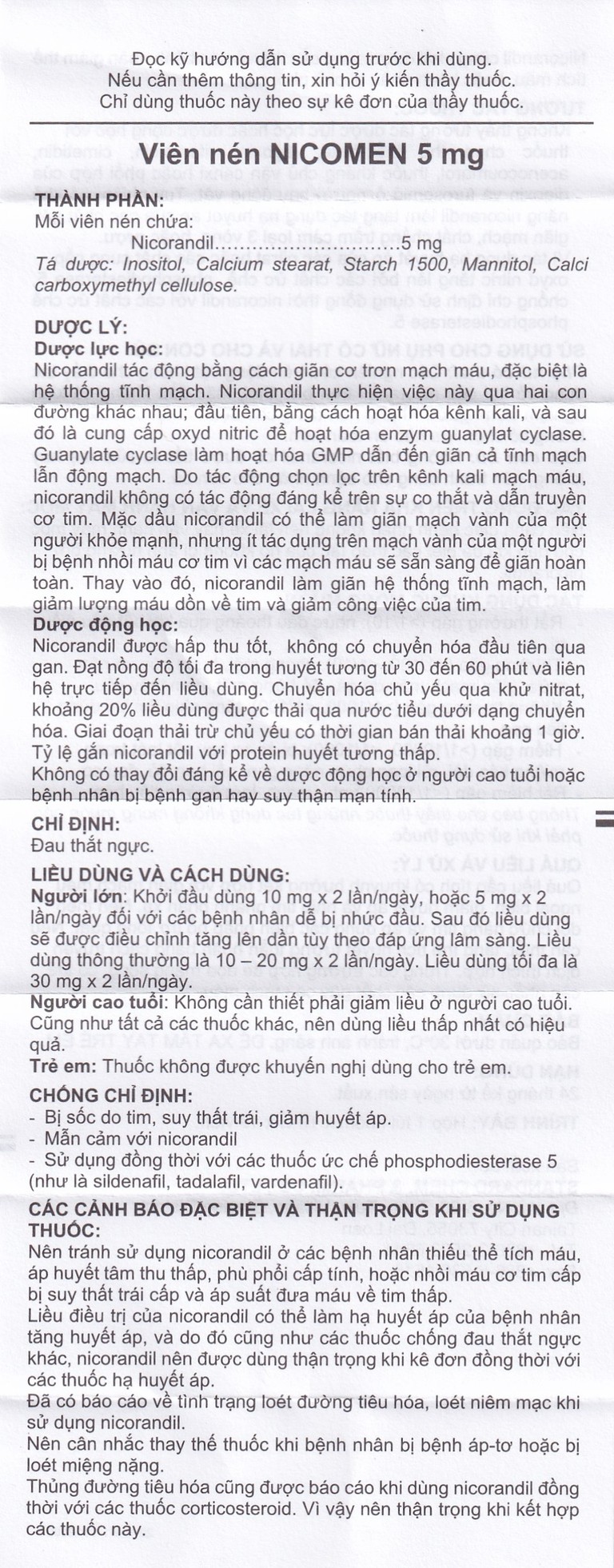 Viên nén Nicomen 5mg Standard Chem And Pharm điều trị đau thắt ngực (10 vỉ x 10 viên)