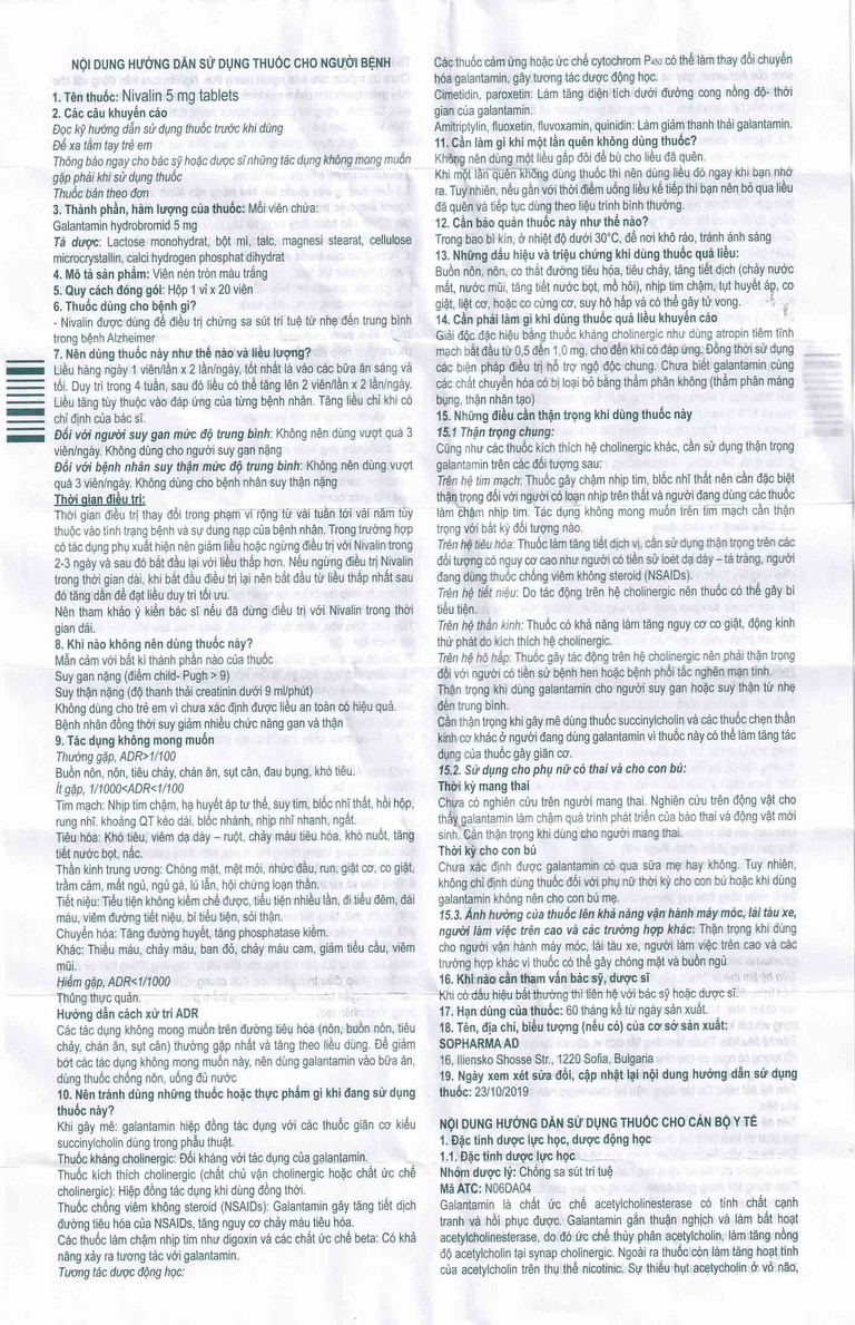 Viên nén Nivalin 5mg Sopharma điều trị sa sút trí tuệ, Alzheimer (1 vỉ x 20 viên) 