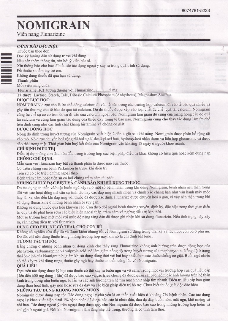 Thuốc Nomigrain 5mg Torrent điều trị đau nửa đầu (5 vỉ x 20 viên)