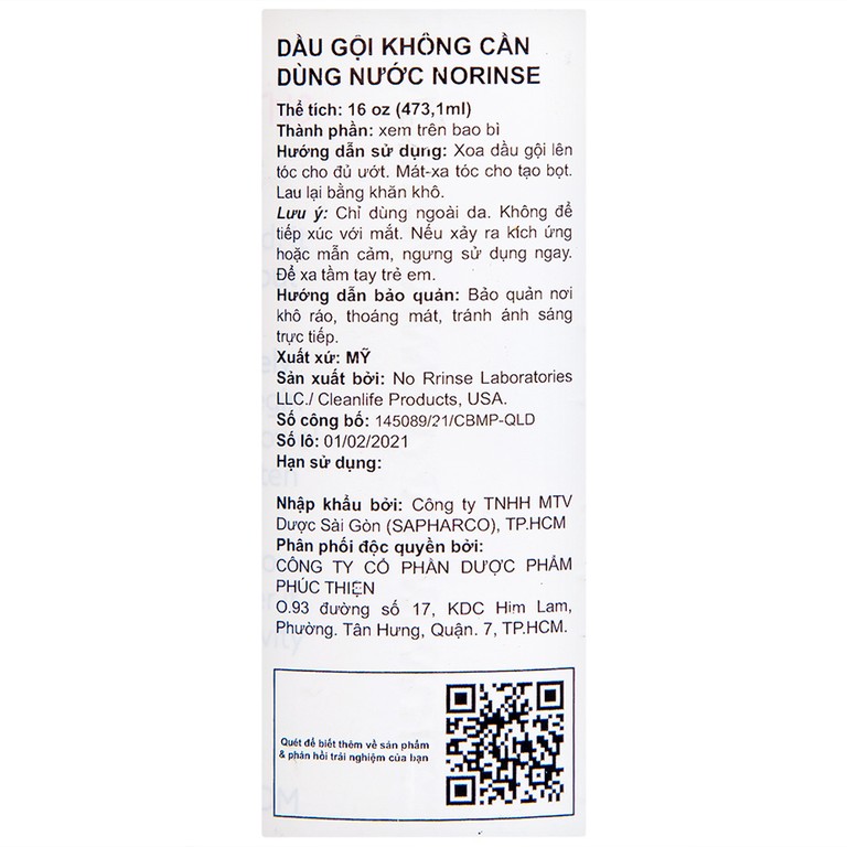 Dầu gội không dùng nước NoRinse Shampoo làm sạch tóc nhẹ nhàng (473.1ml)