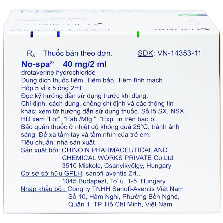 Dung dịch tiêm No-Spa 40mg/2ml Sanofi chống co thắt cơ, điều trị sỏi túi mật, sỏi ống mật (5 vỉ x 5 ống x 2ml)