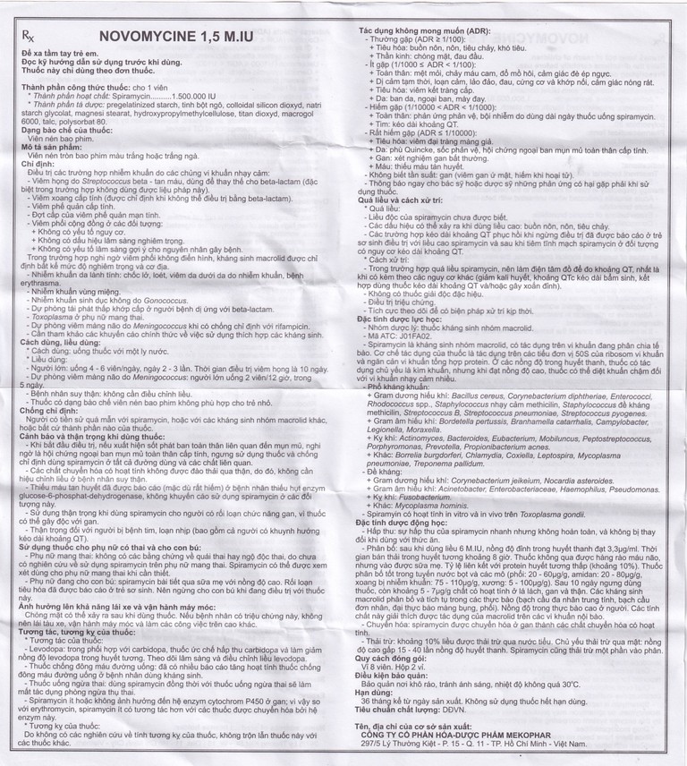 Viên nén Novomycine 1.5 M.IU Mekophar điều trị viêm họng, viêm xoang cấp (2 vỉ x 8 viên)