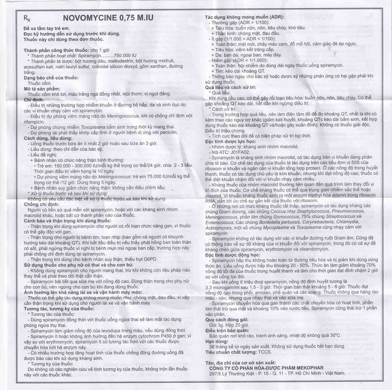 Thuốc cốm Novomycine 0,75 M.IU Mekophar điều trị nhiễm khuẩn đường hô hấp, da và sinh dục (20 gói x 3g)
