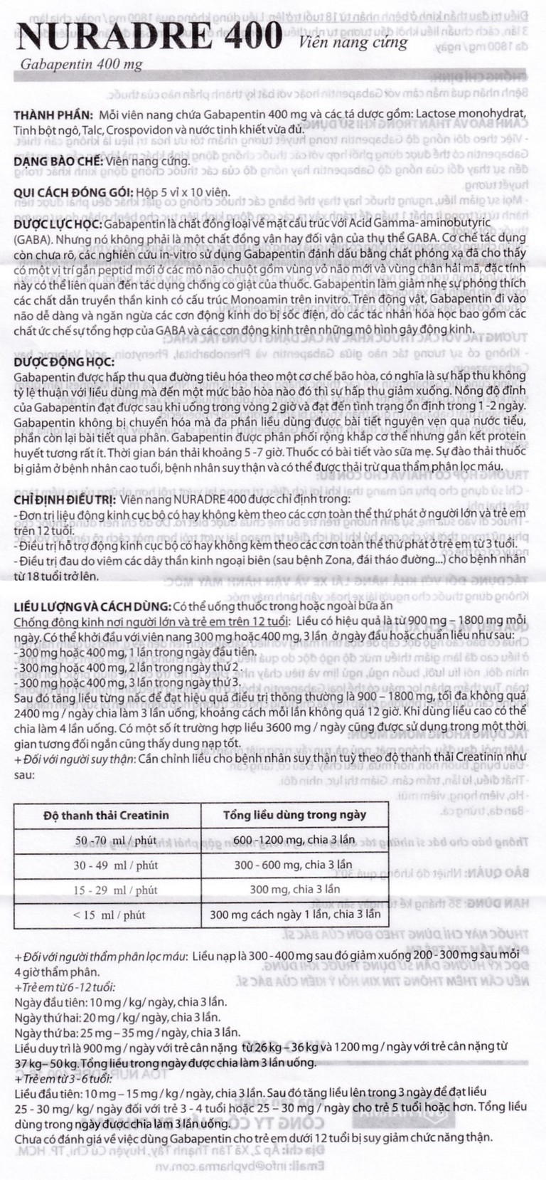 Viên nang cứng Nuradre 400 BV Pharma điều trị động kinh cục bộ (5 vỉ x 10 viên)