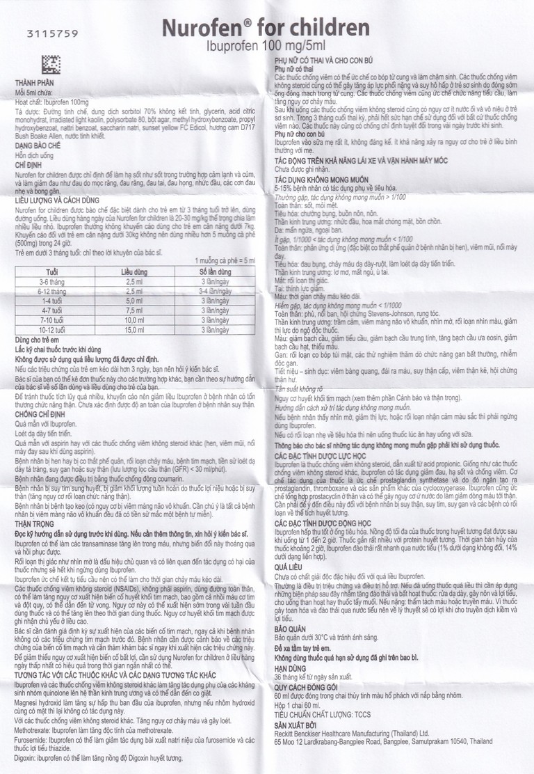 Hỗn dịch uống Nurofen for children hạ sốt, giảm đau răng, đau tai, đau họng (60ml)