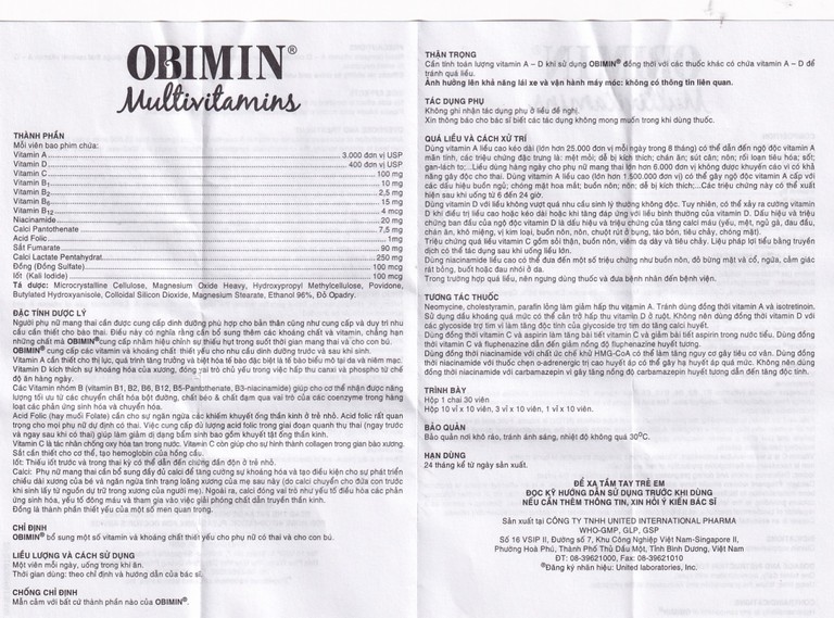 Viên nén Obimin Multivitamins United bổ sung vitamin và khoáng chất (3 vỉ x 10 viên)