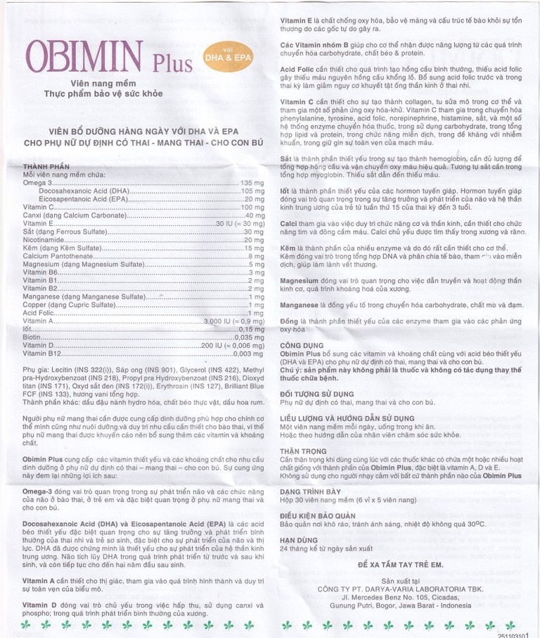 Viên uống Obimin Plus bổ sung các vitamin và khoáng chất (6 vỉ x 5 viên)